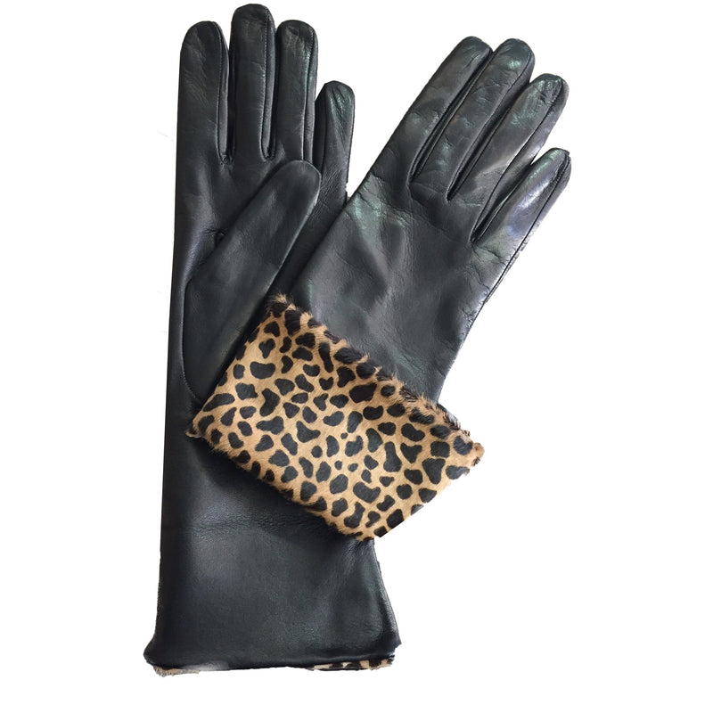 Damen-Handschuhe aus schwarzem italienischem Leder mit Leopardenmansch –  Paula Rowan